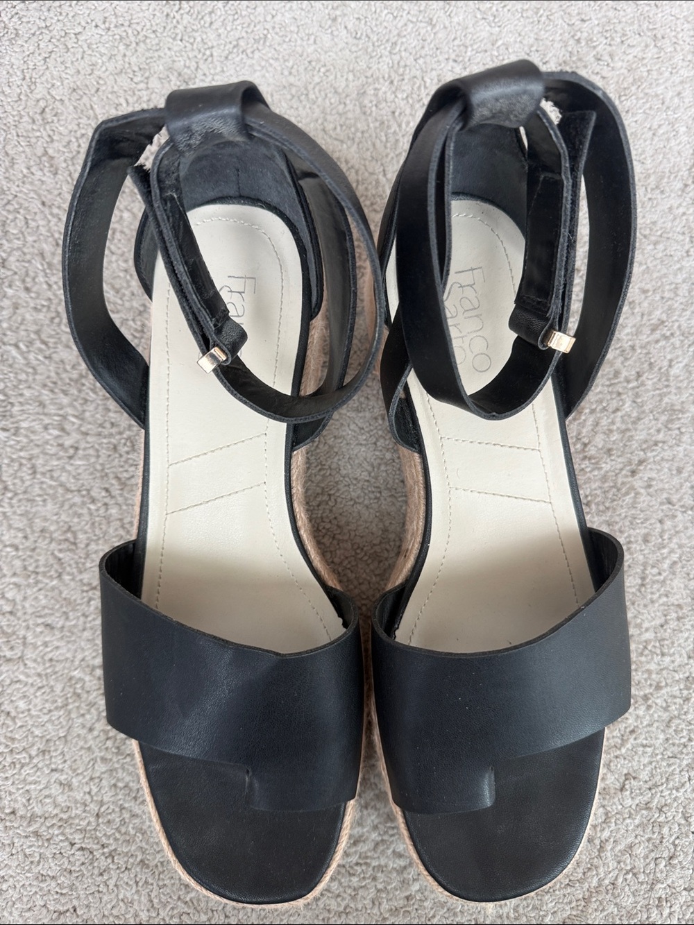 Franco Sarto Black Leather Espadrille Wedge Sandals
